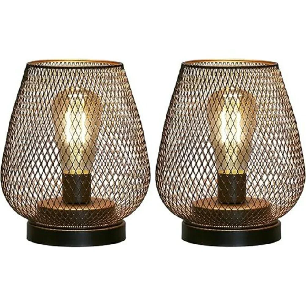 Set of 2 Metal Cage LED Lanterns Battery Powered Indoor Outdoor Decoration Bronz